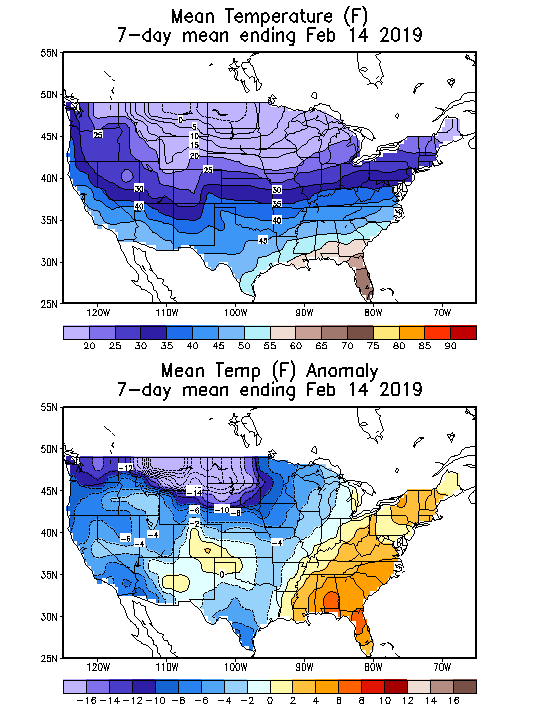 Mean Temperature (F) 7-Day Mean ending Feb 14, 2019