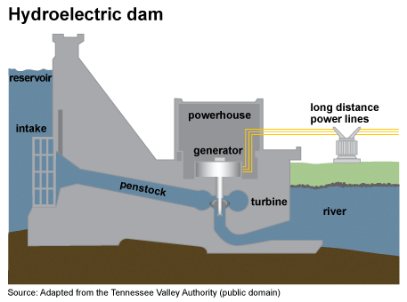 Image of how a hydropower plant works. The water flows from behind the dam through penstocks, turns the turbines, and causes the generators to generate electricity. The electricity is carried to users by a transmission line. Other water flows from behind the dam over spillways and into the river below.