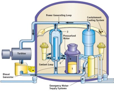 Diagram of a pressurized nuclear water reactor.