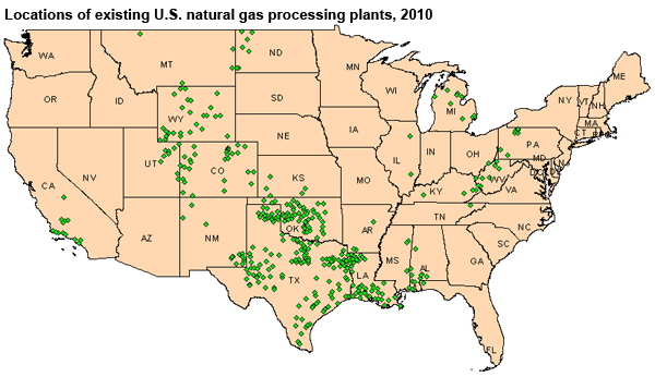 map of locations of existing U.S. natural gas processing plants, 2010, as described in the article text