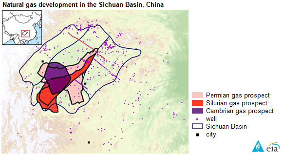 map of natural gas development in the Sichuan Basin, China, as explained in the article text