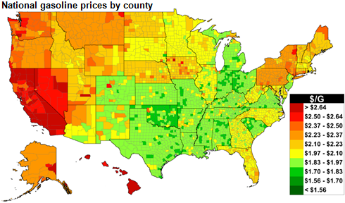 map of U.S. retail regular gasoline prices, as explained in the article text