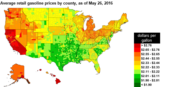 map of national gasoline prices by county, as explained in the article text