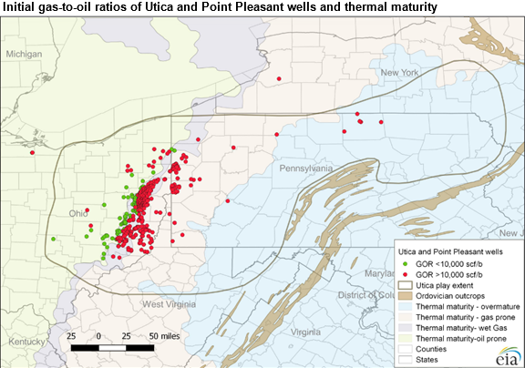map of Initial gas-to-oil ratios (GORs) of Utica and Point Pleasant wells (through June 2016) and thermal maturity, as described in the article text