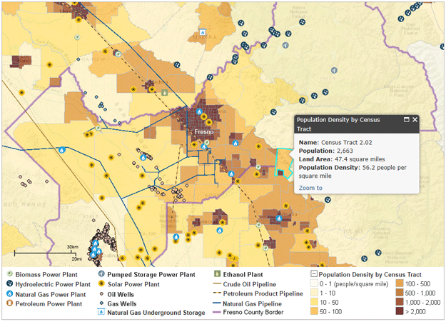 map of Fresno with population density and energy infrastructure, as explained in the article text
