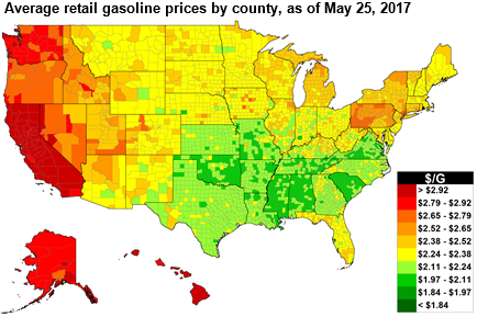 map of U.S. gasoline prices, as explained in the article text