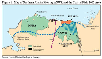 Figure 1. Map of Northern Alaska Showing ANWR and the Coastal Plan 1002 Area.  Need help, contact the National Energy Information Center at 202-586-8800.
