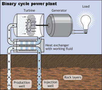 Illustration of a Binary Cycle Power Plant. Geothermal hot water comes up from the reservoir through a production well. The hot water passes by a heat exchanger that is connected to a tank containing a secondary hydrocarbon fluid. The hot water heats the fluid, which turns to vapor. The vapor spins a turbine, which in turn spins a generator that creates electricity. The hot water continues back into the reservoir via an injection well.  This closed-loop system produces no emissions.
