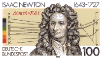 German stamp with image of Isaac Newton and his most famous equation delta (mass times velocity) = force times delta (time)
