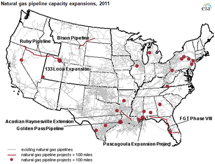 map of natural gas pipeline capacity additions in 2011, as described in the article text