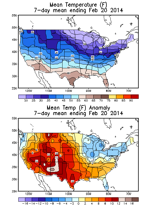 Mean Temperature (F) 7-Day Mean ending Feb 20, 2014