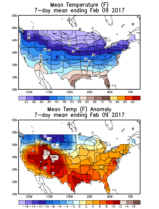 Mean Temperature (F) 7-Day Mean ending Feb 09, 2017
