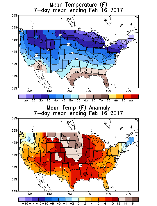 Mean Temperature (F) 7-Day Mean ending Feb 16, 2017