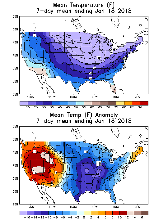 Mean Temperature (F) 7-Day Mean ending Jan 18, 2018