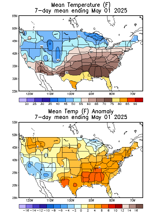 Mean Temperature (F) 7-Day Mean ending May 01, 2025