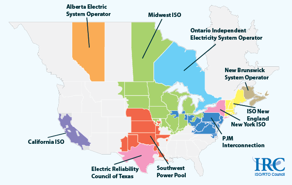 map of the ten Regional Transmission Organizations (RTOs), as described in the article text