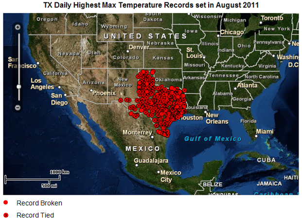 map of Texas daily highest maximum temperature records set in August 2011, as described in the article text