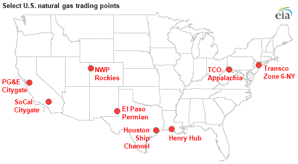 map of Select U.S. natural gas trading points, as described in the article text