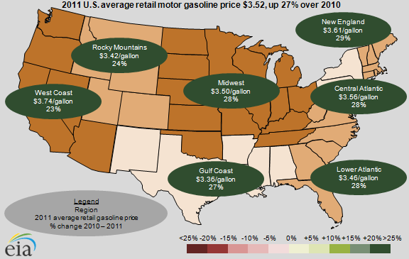 map of 2011 U.S. average retail motore gasoline prices, by PADD region, as described in the article text
