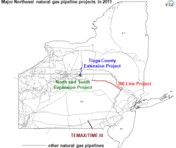 map of Major Northeast natural gas pipeline projects in 2011, as described in the article text