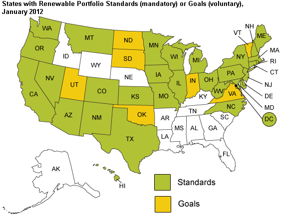 map of States with Renewable Portfolio Standards or Goals, January 2012, as described in the article text