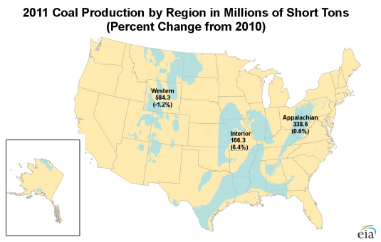 Map of 2011 Coal Production by Region in Millions of Short Tons, as described in the article text