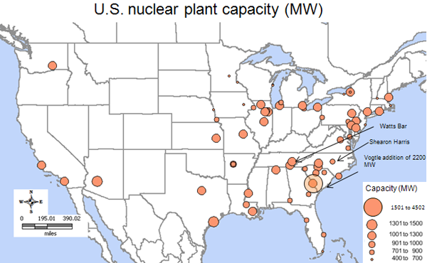 map of U.S. operating nuclear reactor capacity, as described in the article text
