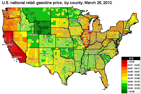 graph of U.S. national retail gasoline price, by county, March 23, 2012, as described in the article text