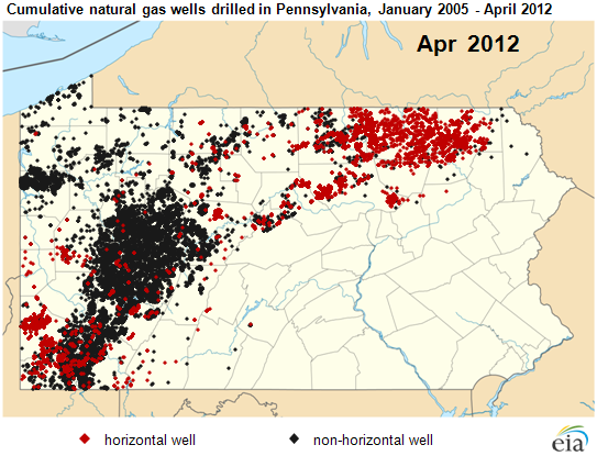map of Cumulative natural gas wells drilled in Pennsylvania, January 2005 - April 2012, as described in the article text