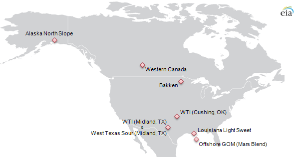 map of select crude oil price points in North America, as described in the article text