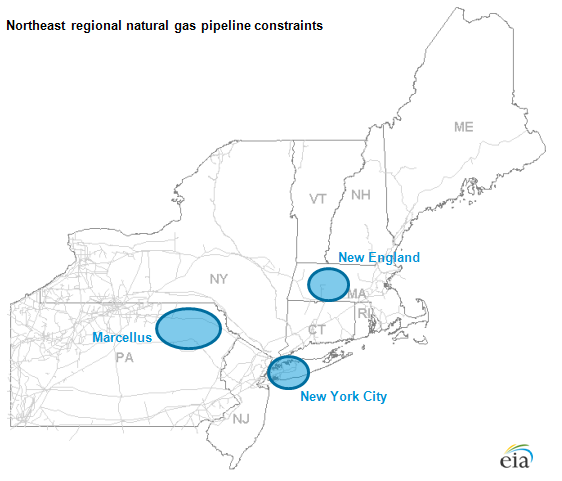 map of Northeast regional natural gas pipeline constraints, as described in the article text