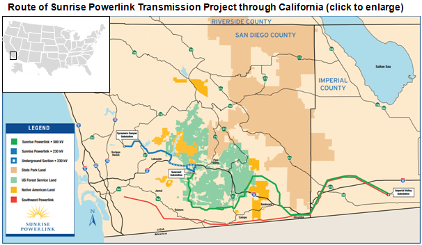 map of Route of Sunrise Powerlink Transmission Project through California, as described in the article text
