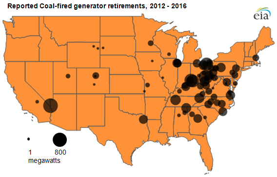 map of Planned retirements of coal-fired generators, as described in the article text