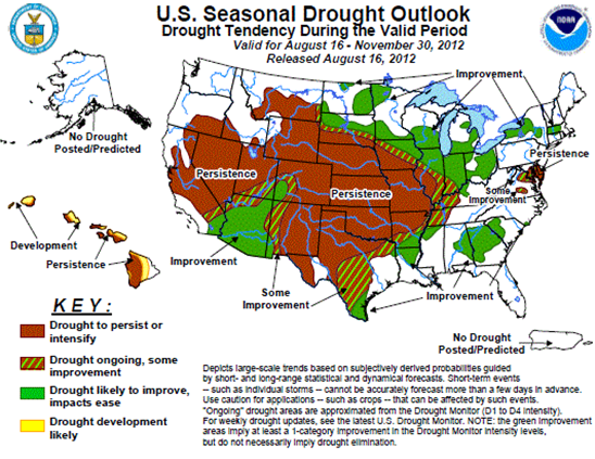 map of United States drought forecast, as described in the article text