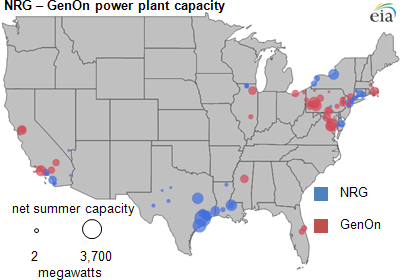map of NRG and GenOn's power plants' capacity, as described in the article text