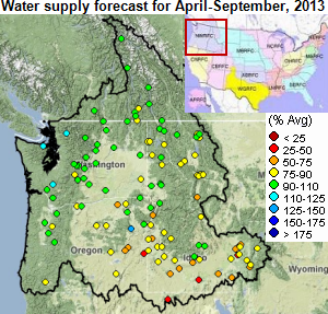 Map of water supply forecast, as explained in the article text
