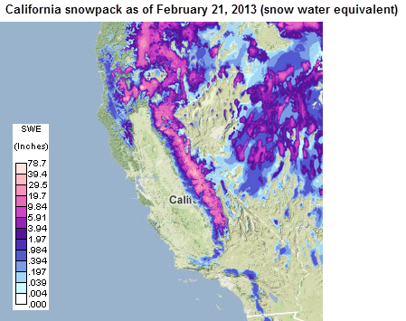 Map of California snowpack, as explained in the article text