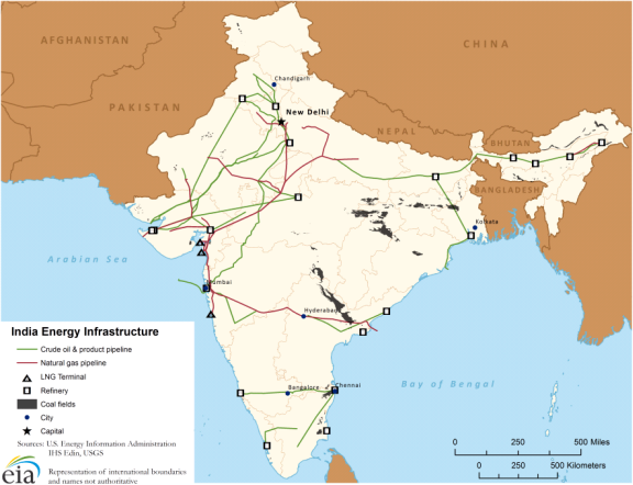 Map of Indian energy infrastructure, as explained in the article text