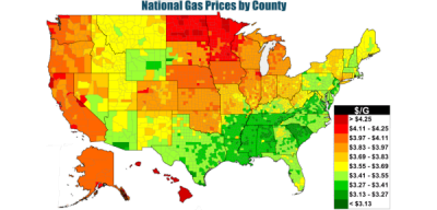 Heat map of U.S. gasoline prices.