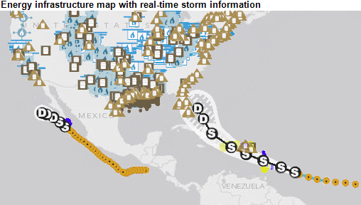 Map of energy infrastructure and storm information, as explained in the article text