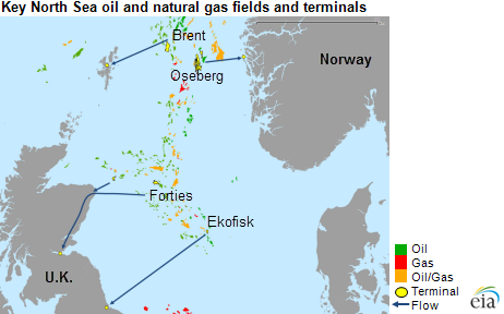 Map of key North Sea fields and terminals, as explained in the article text