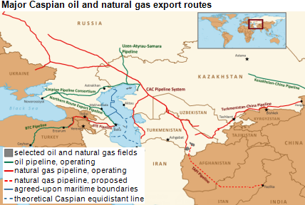 map of caspian region oil and nat gas export routes, as explained in the article text