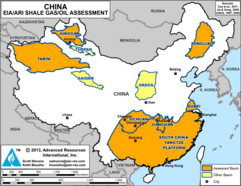 map of China with EIA/ARI shale gas/oil assessment, as explained in the article text