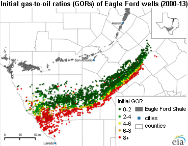 map of initial gas-to-oil ratios of Eagle Ford wells, as explained in the article text
