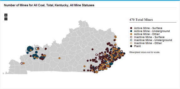 map of number of mines for all coal (total, Kentucky, all statuses), as described in the article text