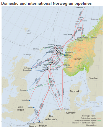 Map of Norway's pipeline infrastructure, as explained in the article text