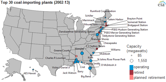 map of top 30 coal importing plants, as explained in the article text