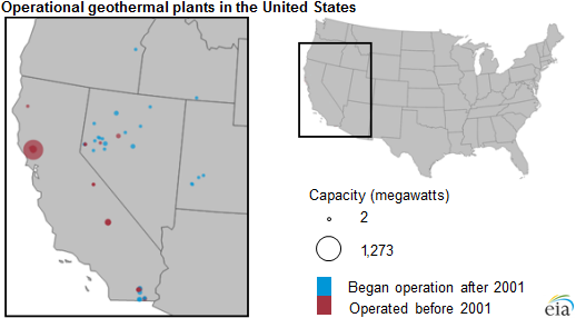 map of operation geothermal plants in the United States, as explained in the article text