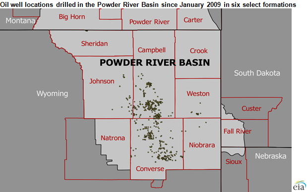 map of oil well locations drilled in the Powder River Basin since January 2009 in six select formations, as explained in the article text
