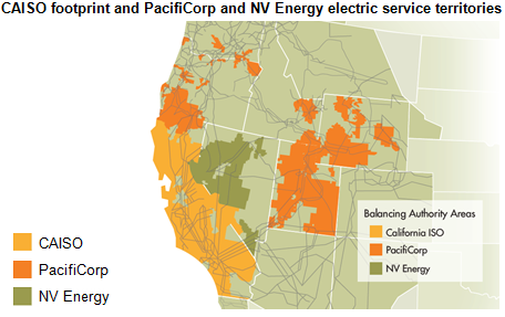 map of CAISO footprint and PacifiCorp and NV Energy electric service territories, as explained in the article text